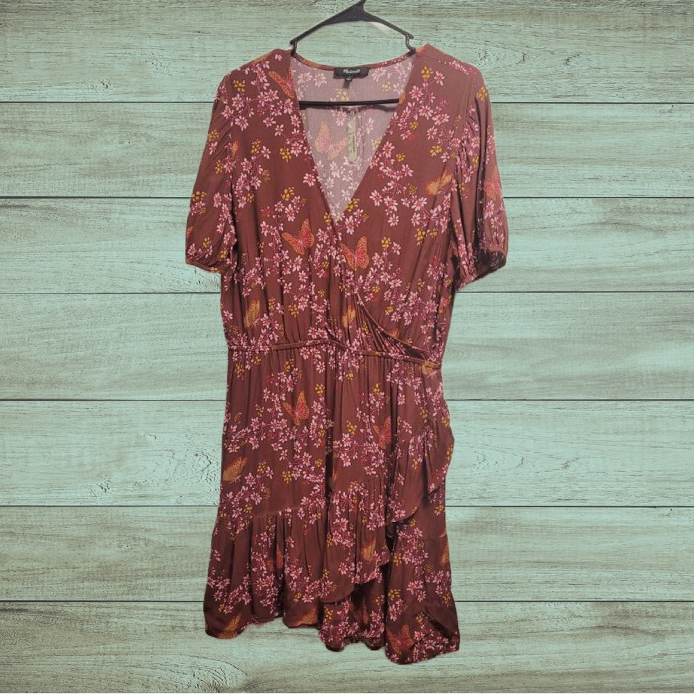 J. Crew Madewell Red and Pink Floral Print MIDI Dress With Short Sleeves